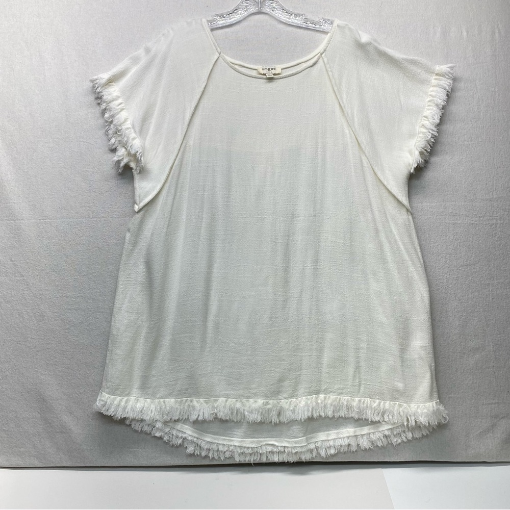 Umgee Womens White/Cream Distressed Edge Short Sleeve Tunic Top Large CasualREAD